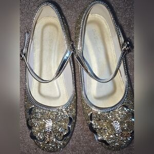 Gold Glitter Mary Jane Shoes with Flower Accent